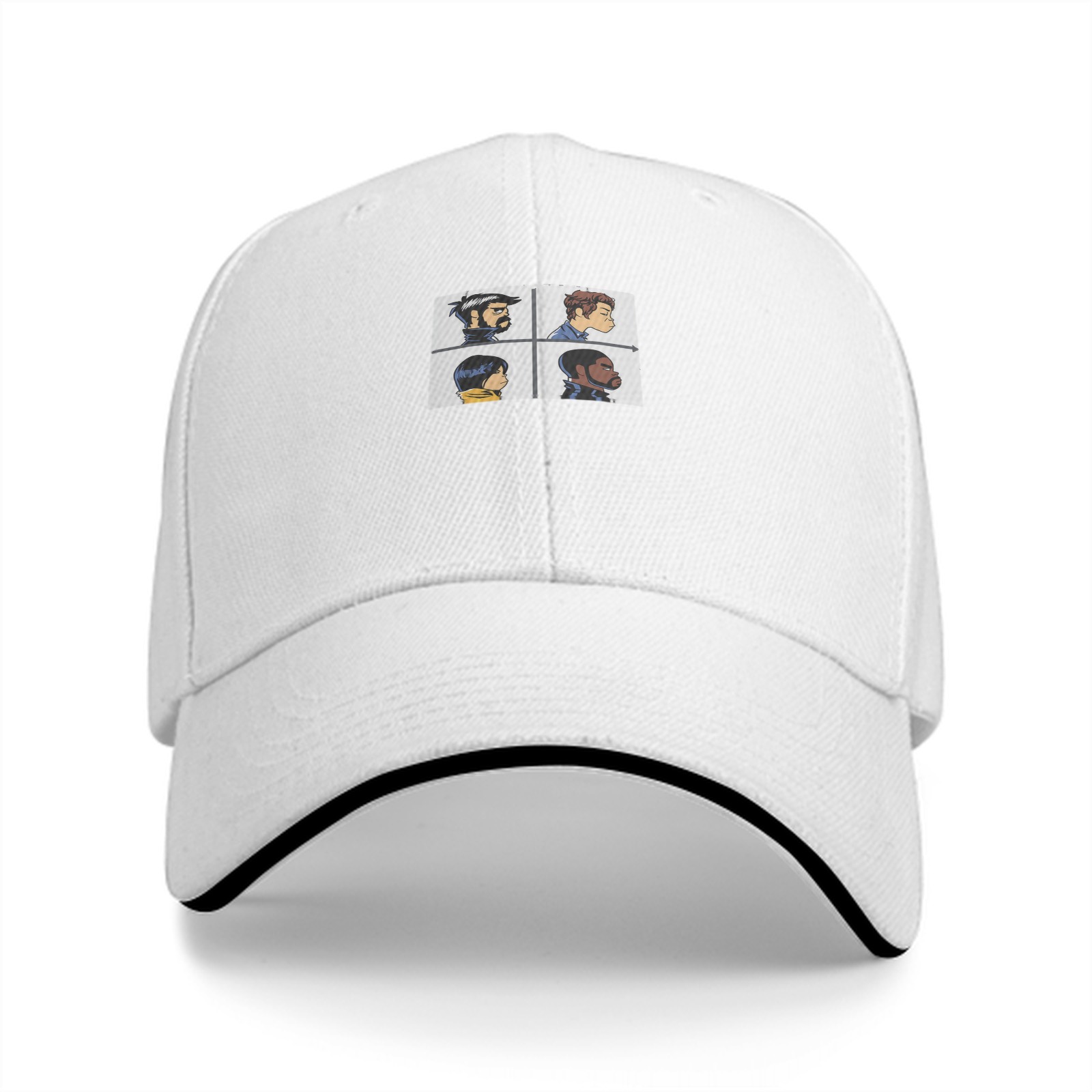 Black Baseball Cap With Four Character Profile Print Design