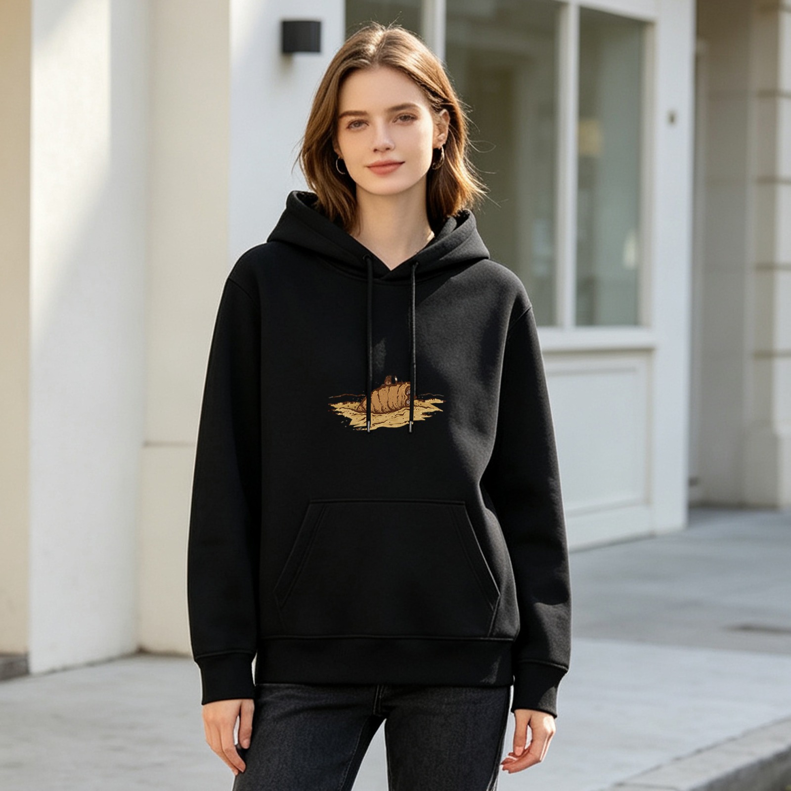Black hoodie with small sandworm graphic print