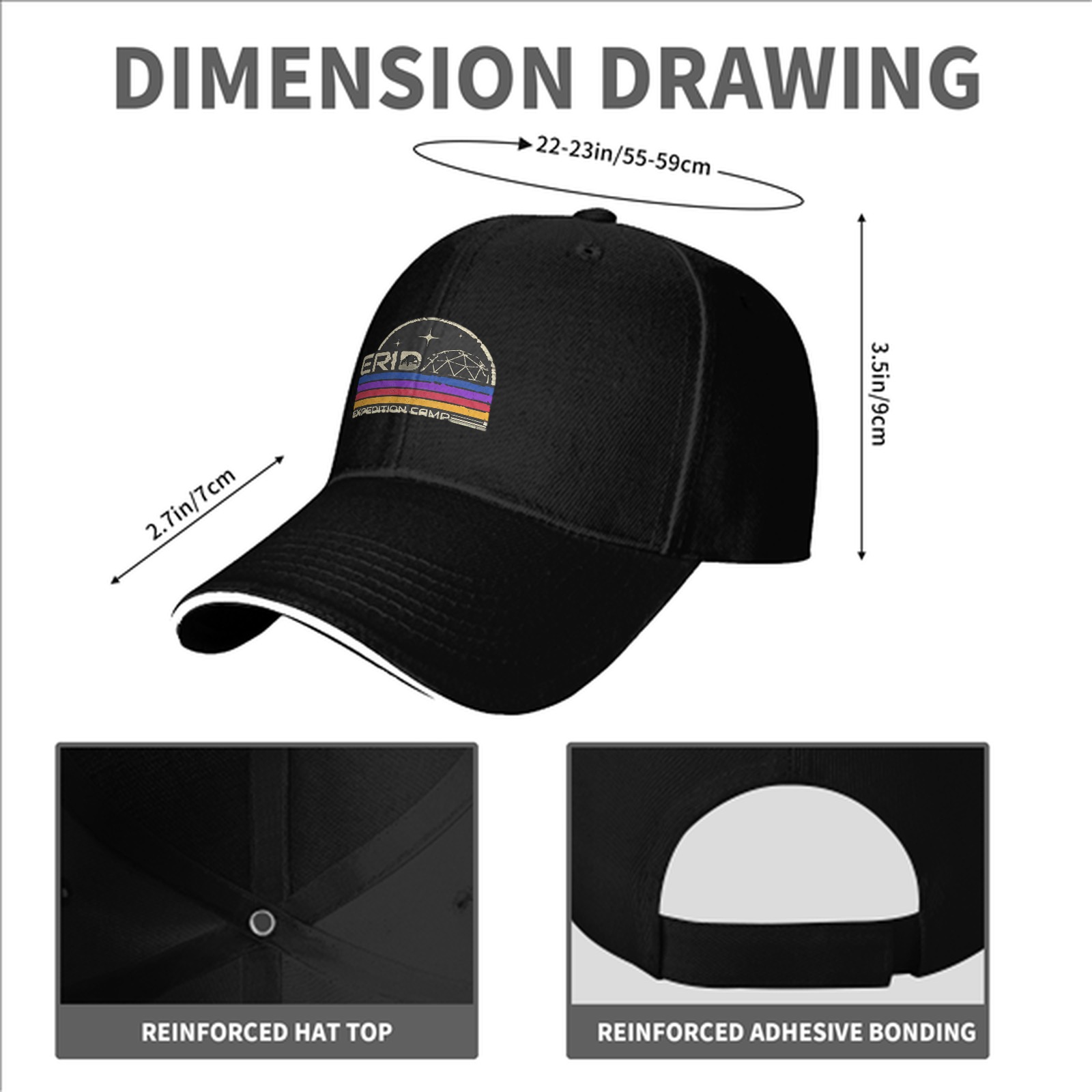 Black baseball cap with retro Erid Expedition Camp graphic