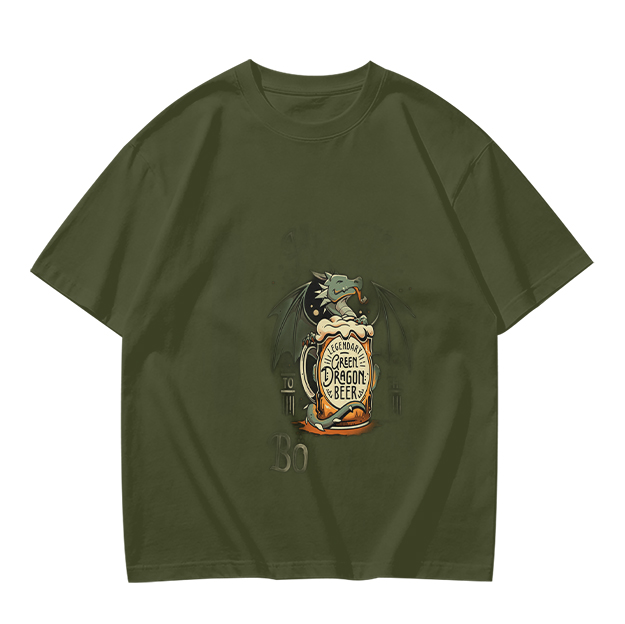 Olive Green T-Shirt with Dragon Beer Mug Graphic Print