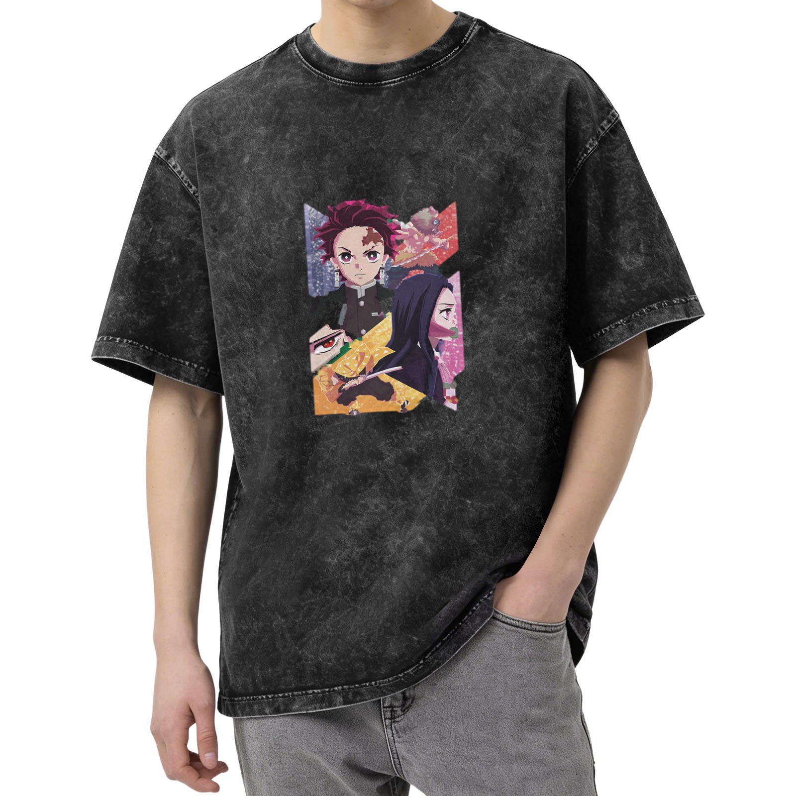 Anime Demon Slayer Tanjiro Nezuko Zenitsu Graphic Oversized Acid Wash T-Shirt for Men