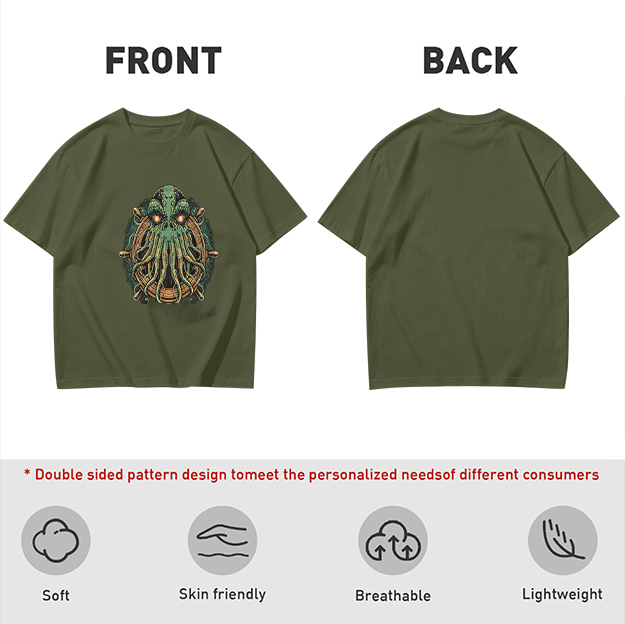 Olive Green T-Shirt With Cthulhu Ship Wheel Graphic