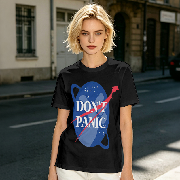 Olive green space-themed t-shirt with 'Don't Panic' print