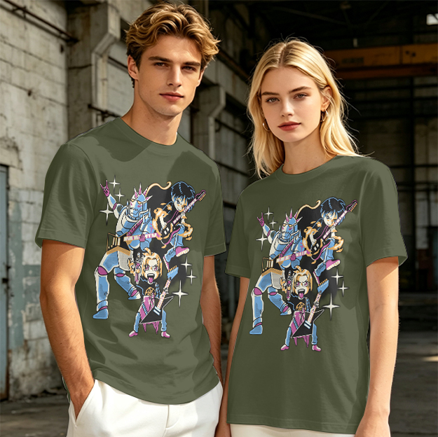 Olive T-shirt with Anime Rock Band Characters Graphic