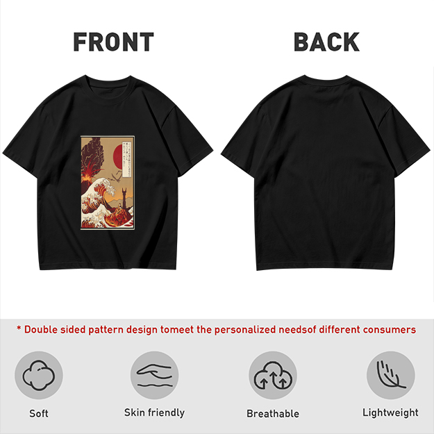 Olive T-Shirt with Ukiyo-e Style Wave and Volcano Print