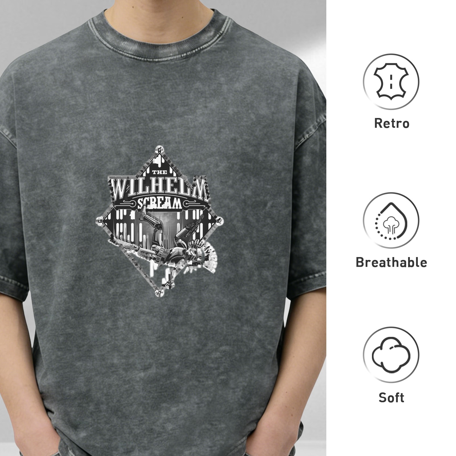 Washed black round neck short-sleeved T-shirt printed with 