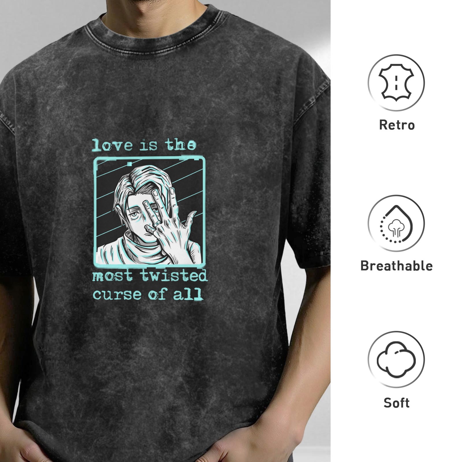 Anime graphic washed t-shirt with 'love is the most twisted curse of all' text