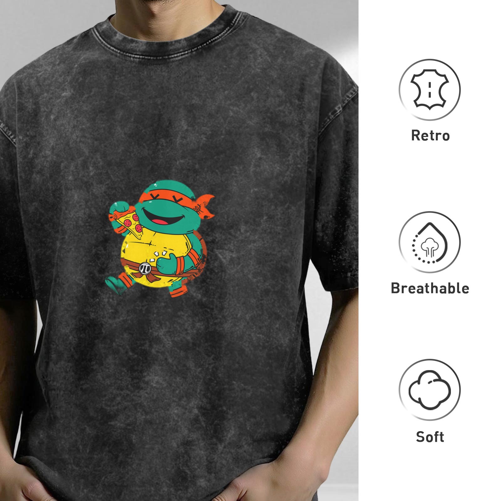 Washed Black Oversized T-Shirt with Cartoon Ninja Turtle Pizza Print