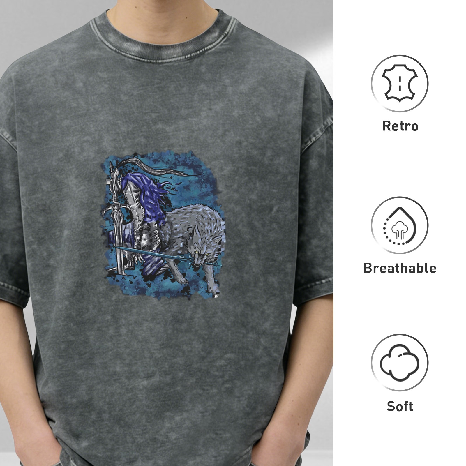 Washed Black T-Shirt With Knight And Wolf Fantasy Art Print