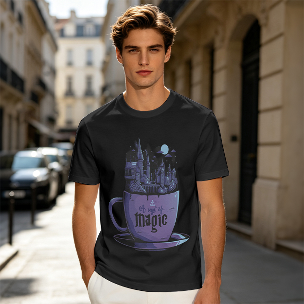 Olive T-Shirt With Teacup Holding Magical Castle Artwork