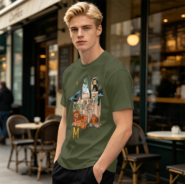 Olive T-Shirt With Whimsical Wizard Cat Castle Graphic
