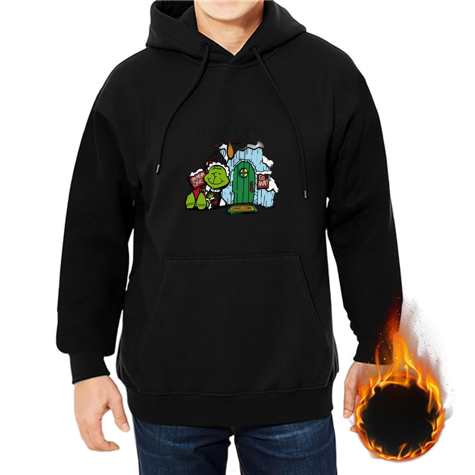 Black hoodie with Grinch at his snowy Christmas house graphic