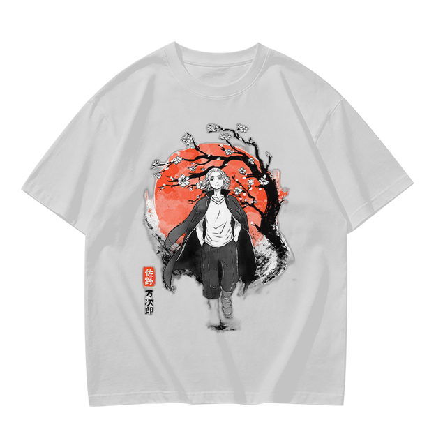 Anime Character with Cherry Blossom Red Moon Graphic T-Shirt