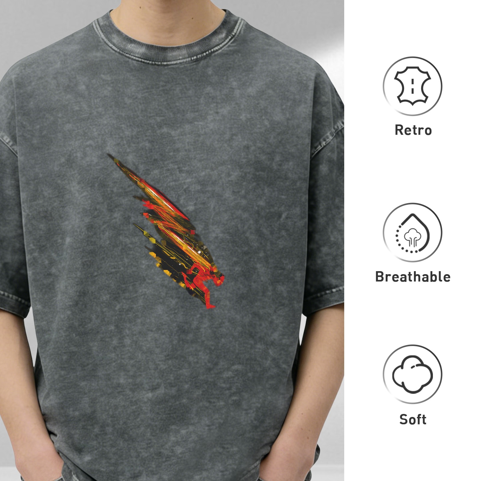Oversized acid wash t-shirt with speedster running graphic