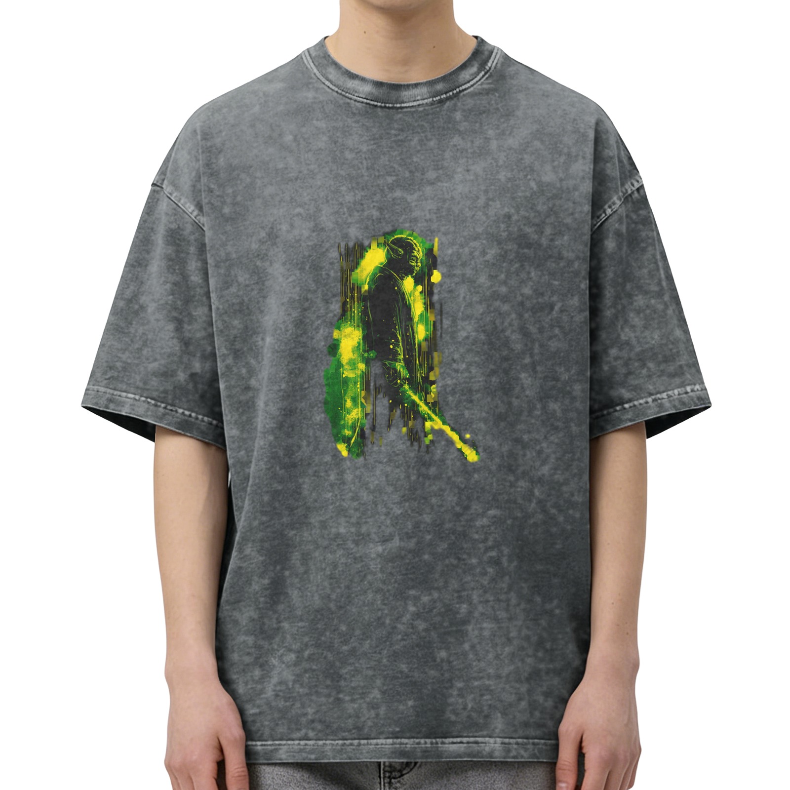 Oversized Acid Wash T-Shirt With Abstract Green Yellow Figure Print