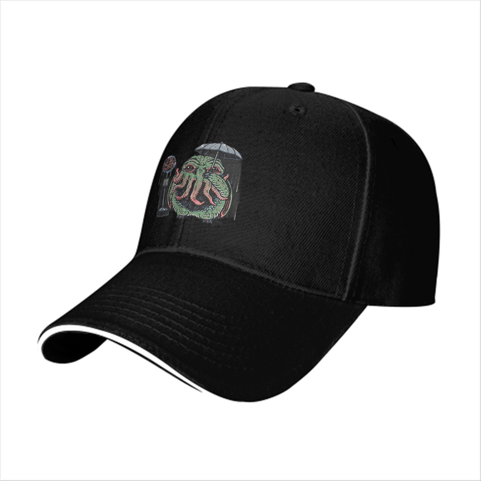 Black Baseball Cap With Cthulhu Holding Umbrella Microphone Print