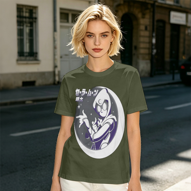 Olive T-shirt with Moon Warrior Anime Graphic Print
