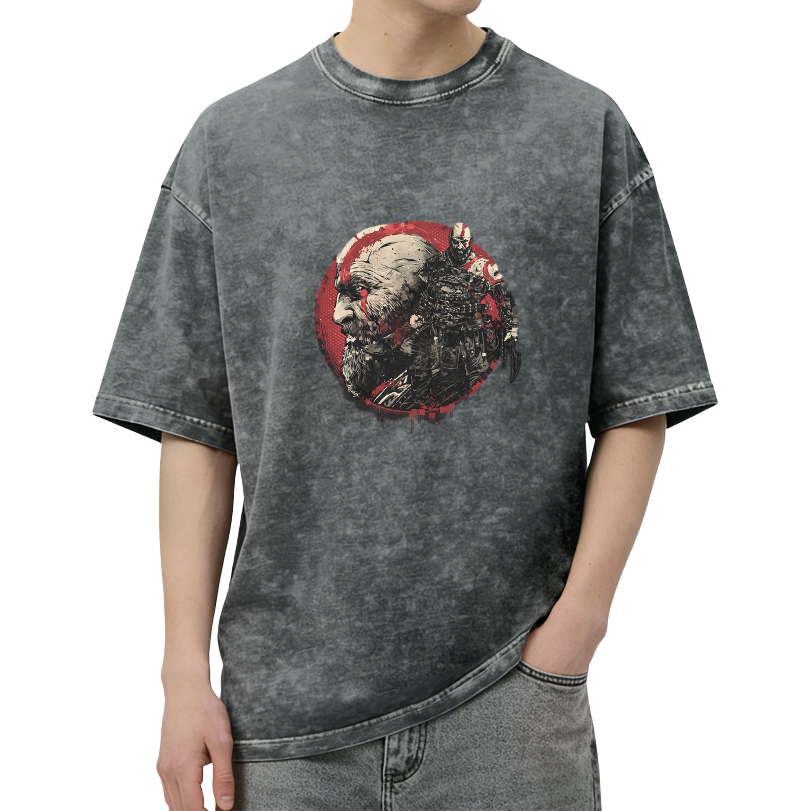 Kratos God of War Graphic Stone Wash Black T-Shirt