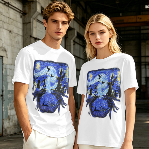Olive T-Shirt with Starry Night Style Fantasy Art Print