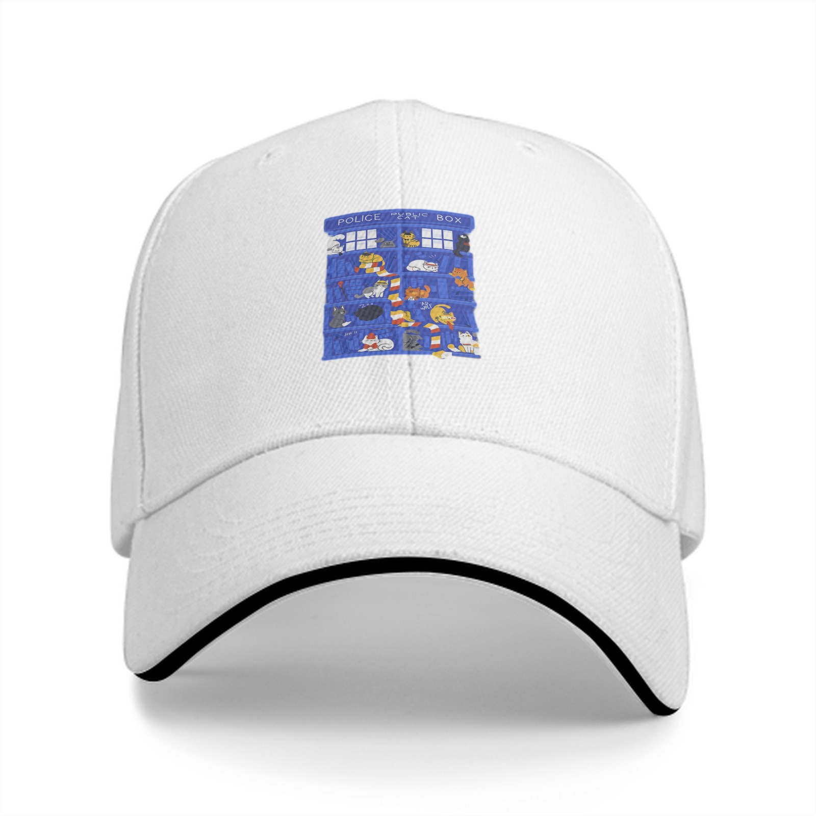 Black Baseball Cap with TARDIS Police Box Cat Print