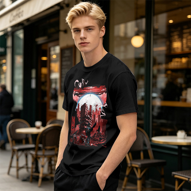 Olive Graphic T-Shirt with Post-Apocalyptic Cityscape Print