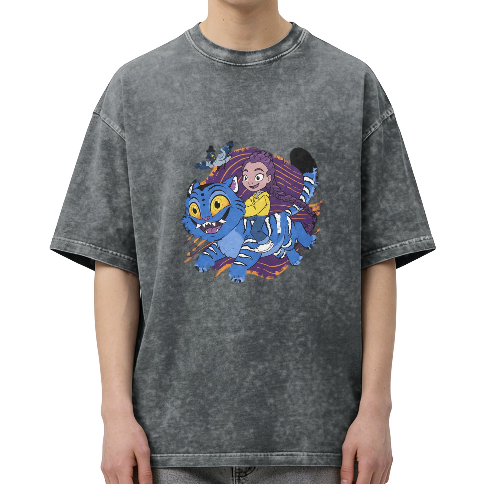 Washed black graphic t-shirt with cartoon girl riding blue fantasy cat design