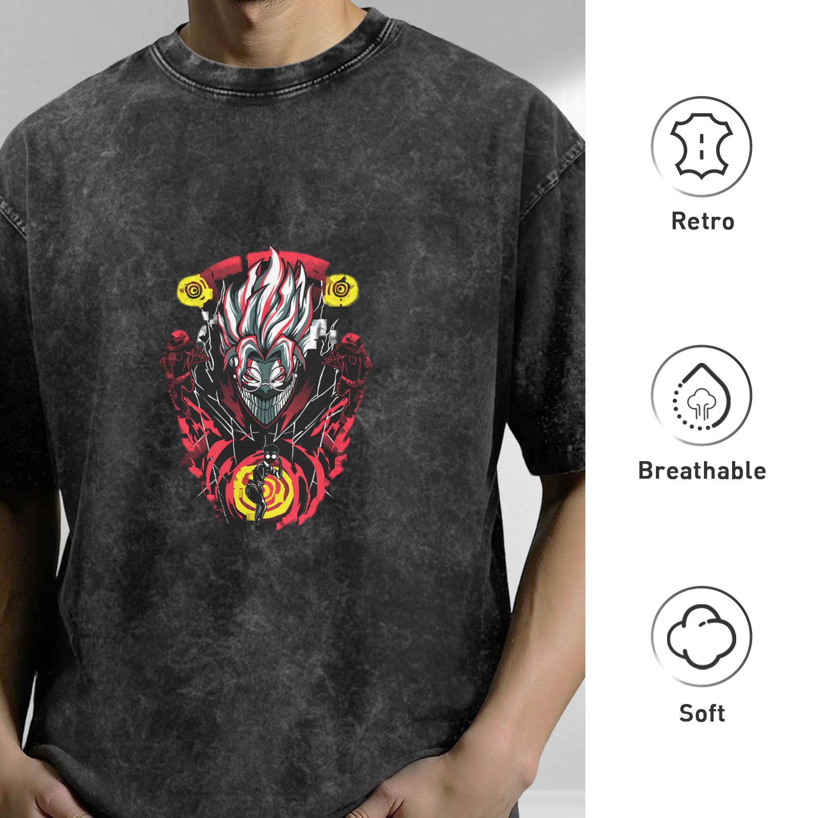Washed distressed dark style anime print short-sleeved T-shirt