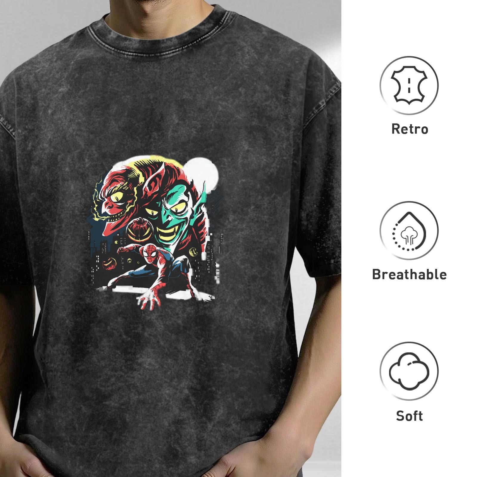 Oversized Acid Wash T-Shirt with Spider-Man and Green Goblin Graphic