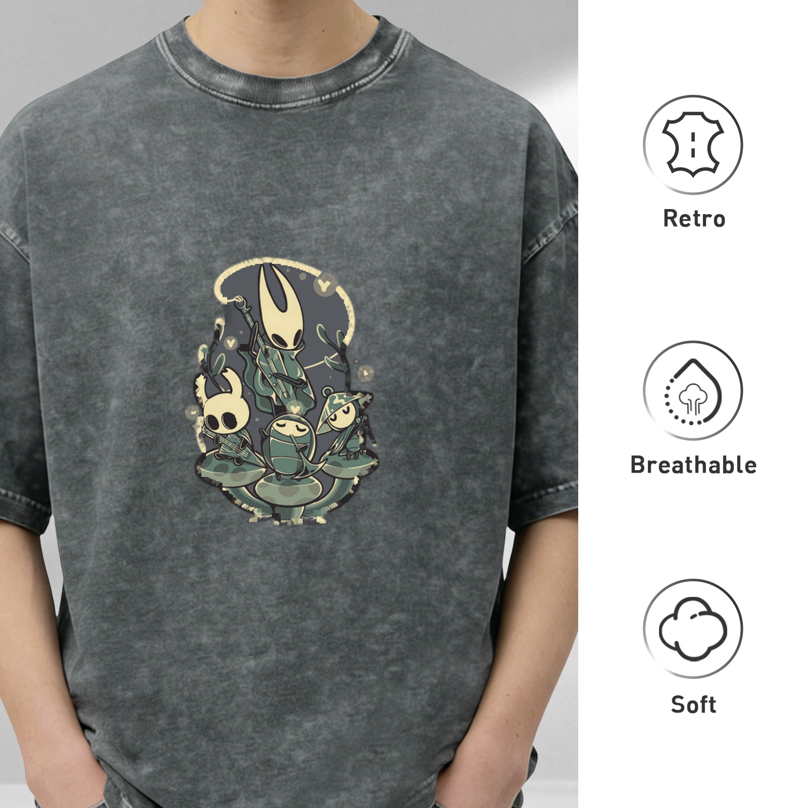 Hollow Knight Characters Graphic Vintage Wash Black T-Shirt