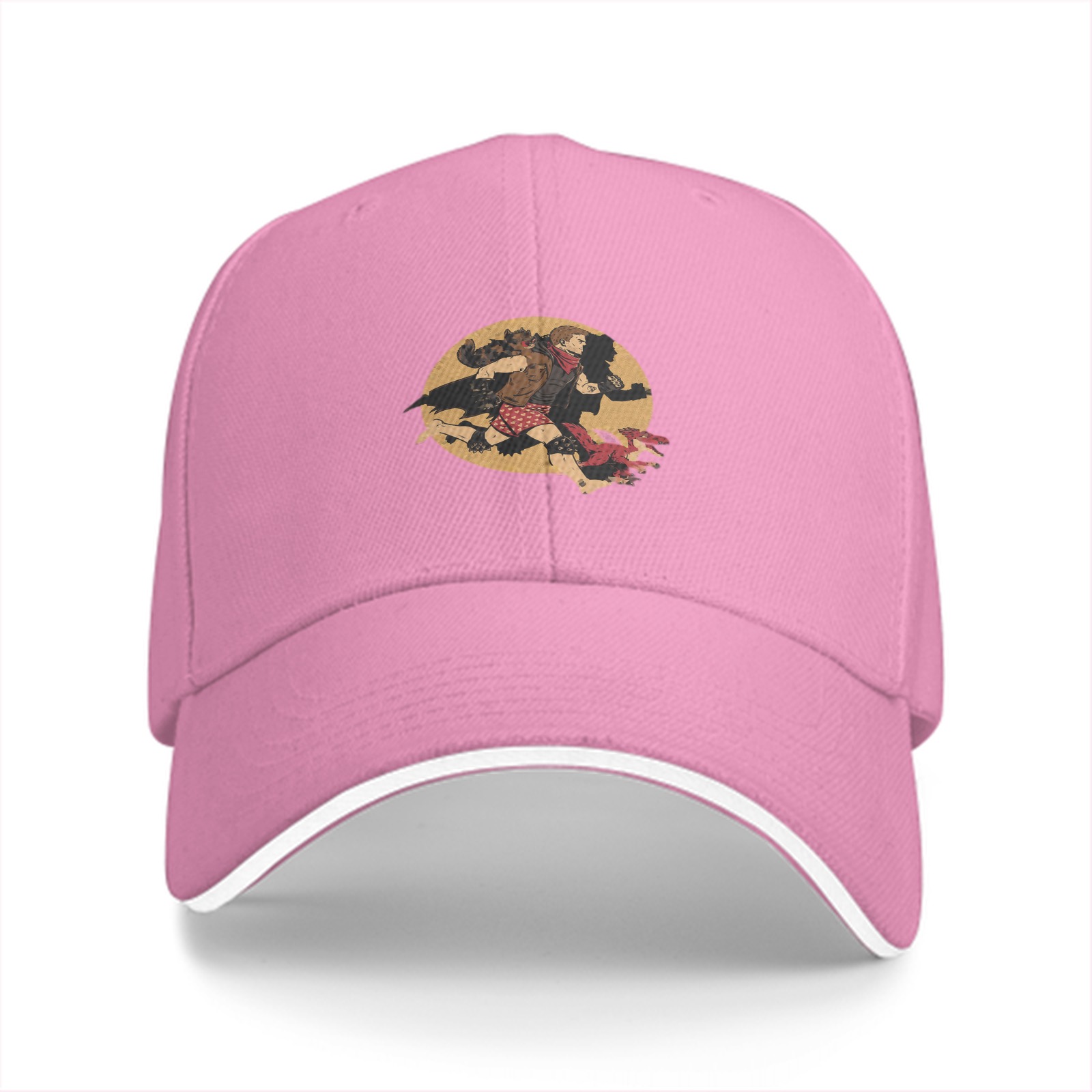 Black baseball cap with running fantasy character graphic print