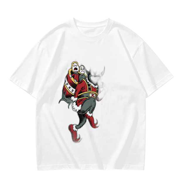 Olive T-shirt with distressed cartoon Santa Claus graphic