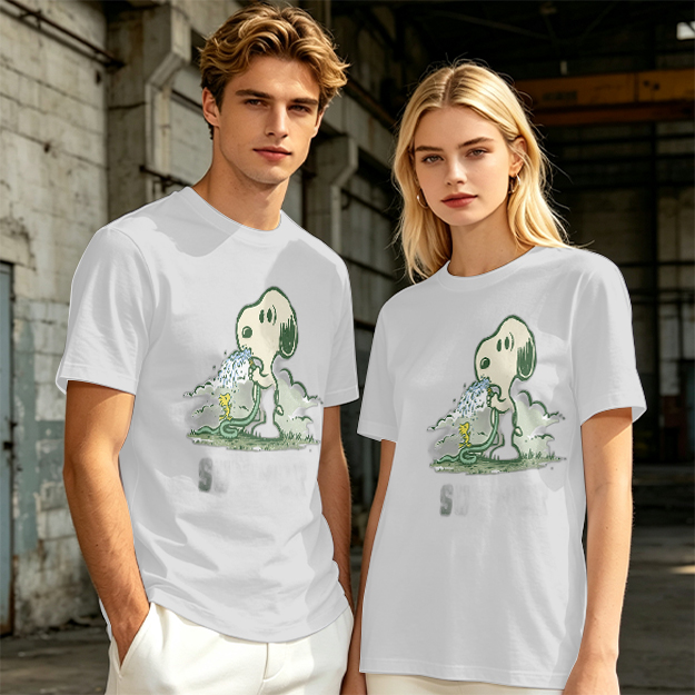 Olive T-shirt with Snoopy and Woodstock Watering Print
