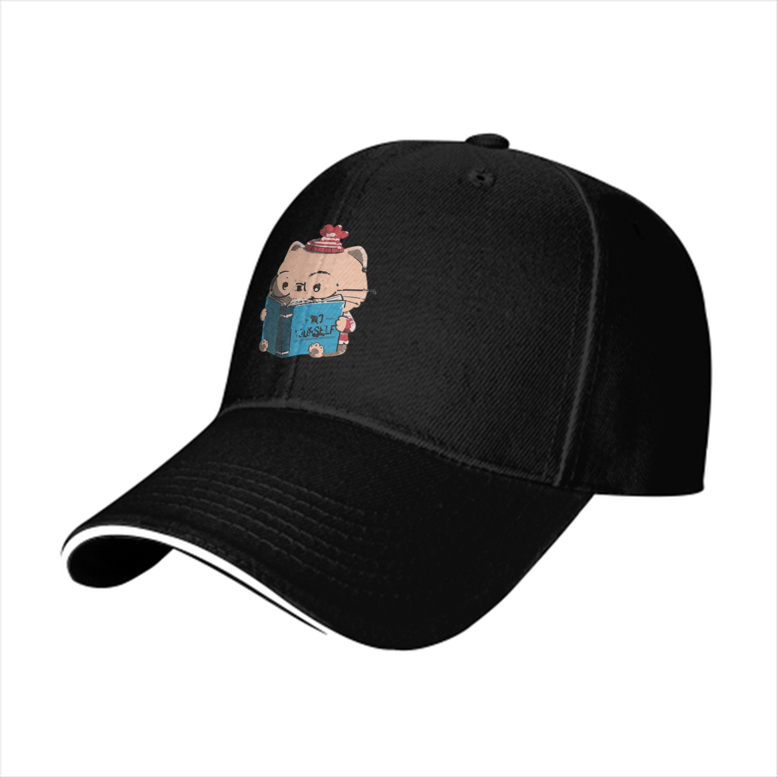 Black Baseball Cap With Cute Reading Cat Graphic