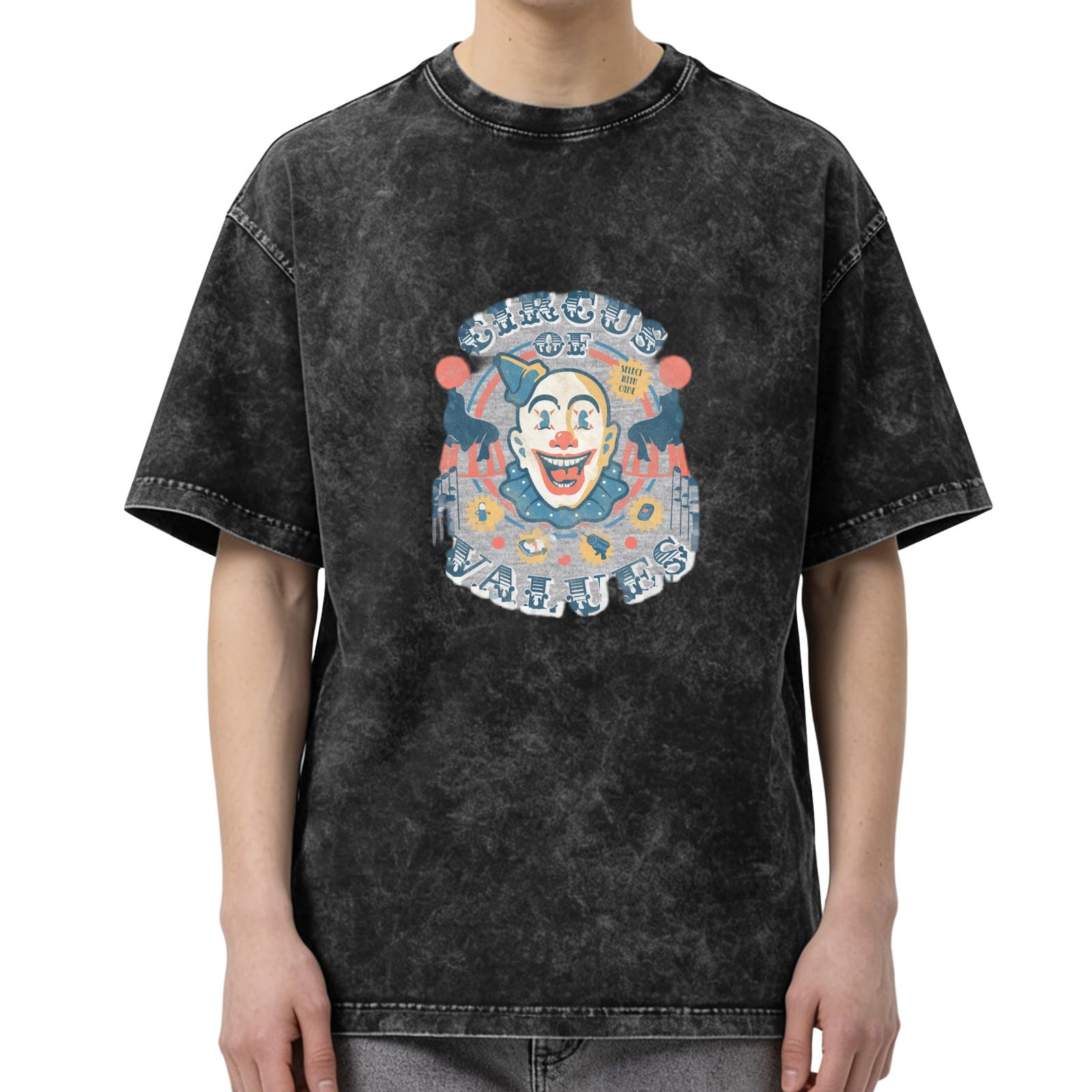 Vintage Acid Wash T-Shirt with Circus Clown Graphic