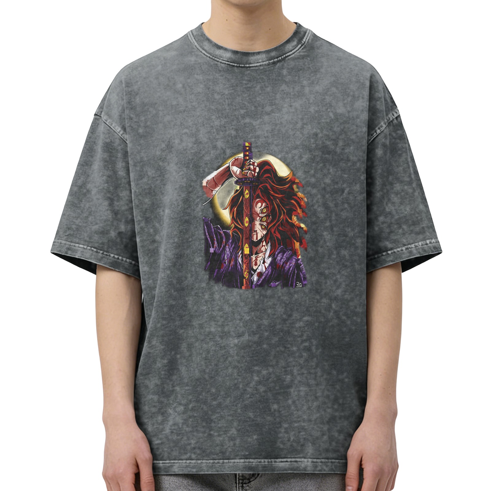 Anime Demon Slayer Character Graphic Stone Wash Oversized T-Shirt