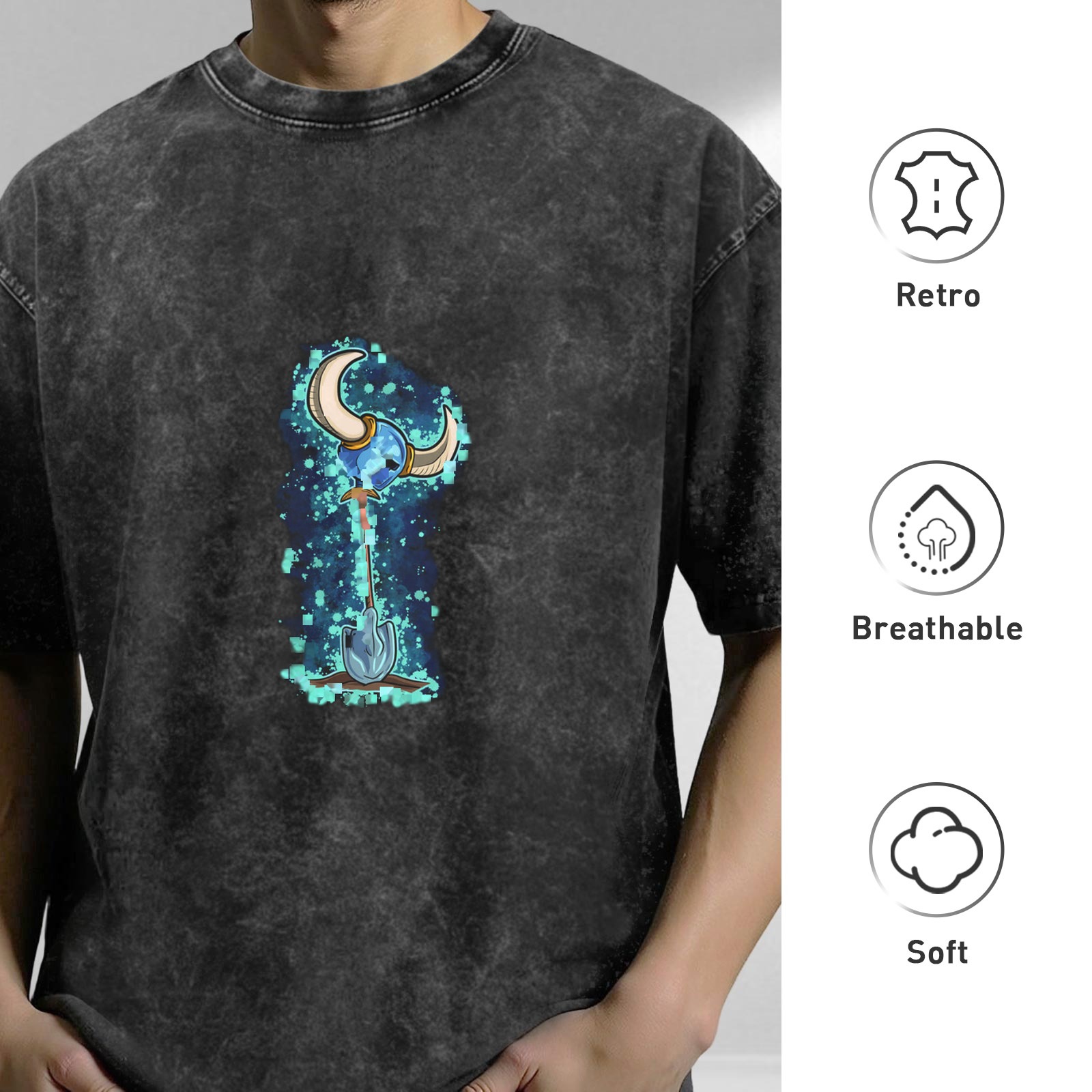 Washed Black Graphic T-Shirt with Shovel Knight Character Art