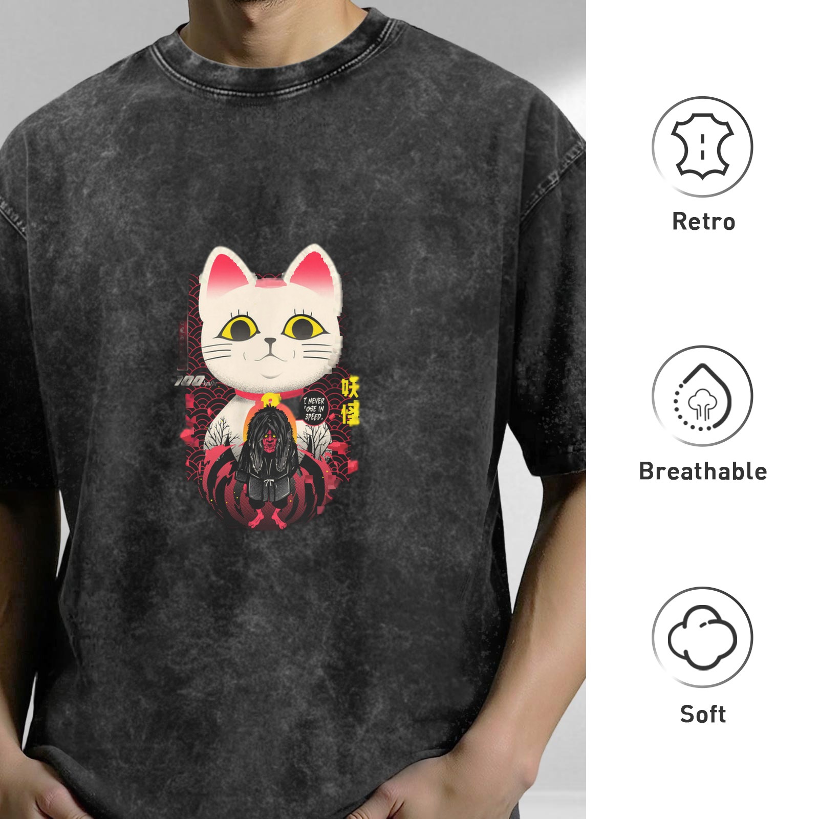 Washed black graphic t-shirt with maneki-neko and yokai design