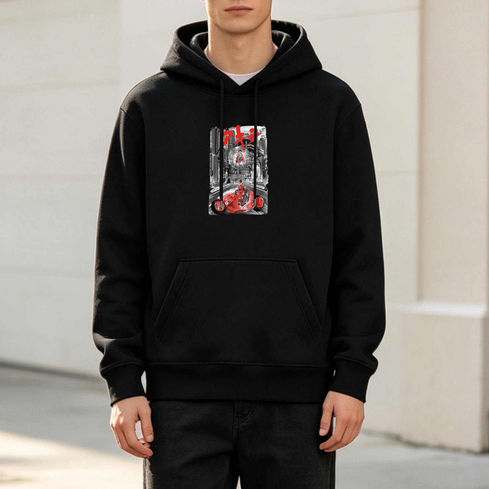 Black hoodie with anime motorcycle graphic print