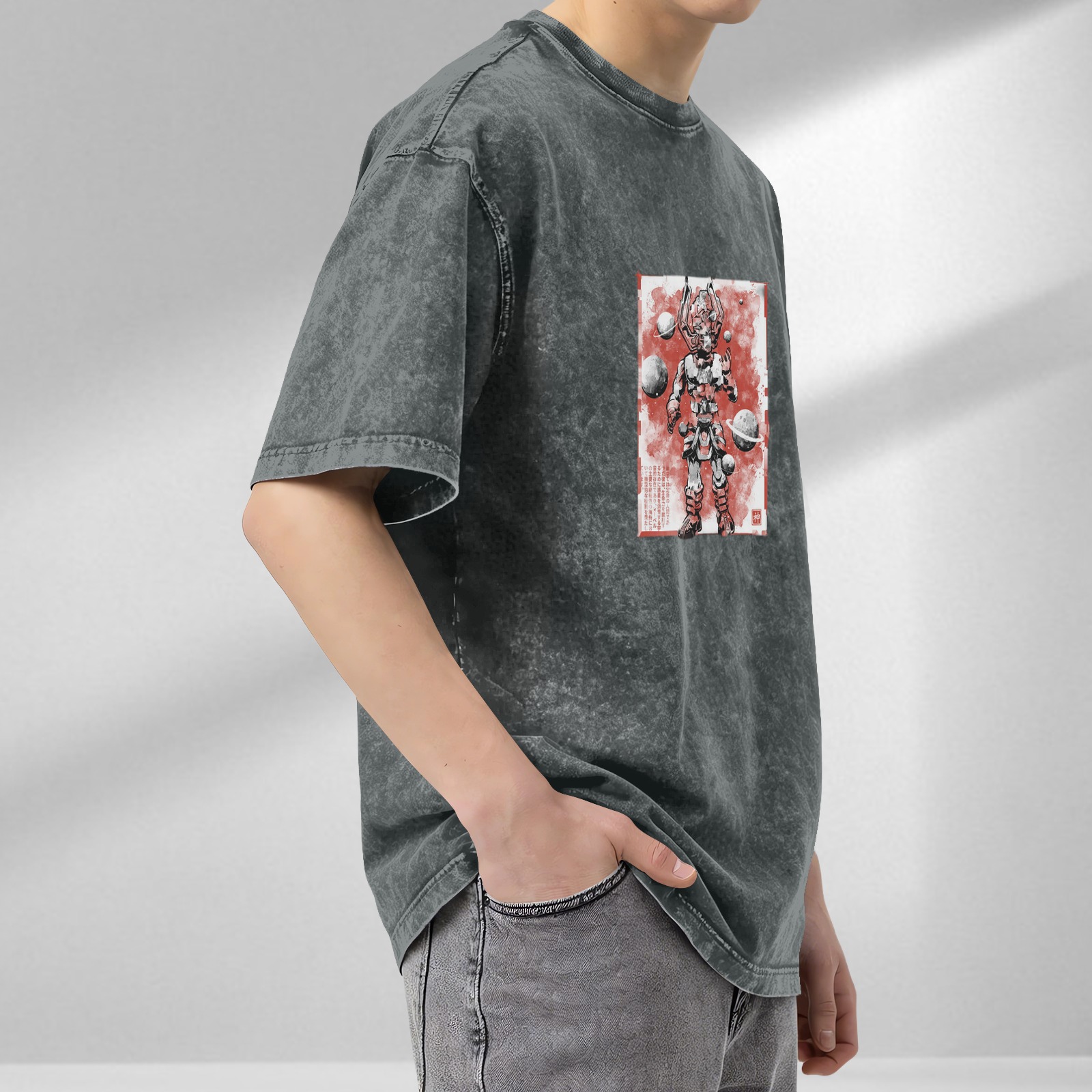 Oversized Acid Wash T-Shirt With Samurai Robot Space Art Print