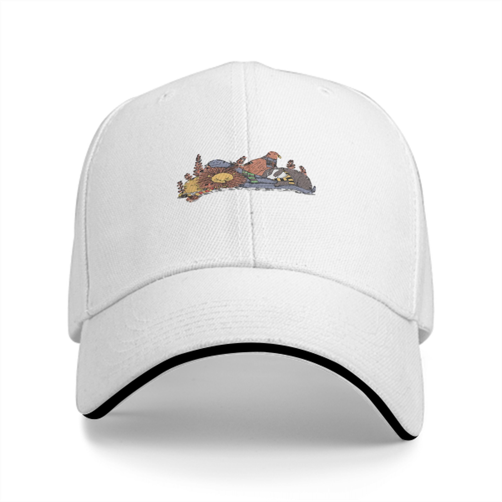 Black baseball cap with sleeping house mascots graphic