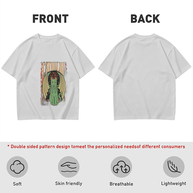 Olive T-shirt with Cthulhu Cat Graphic Print
