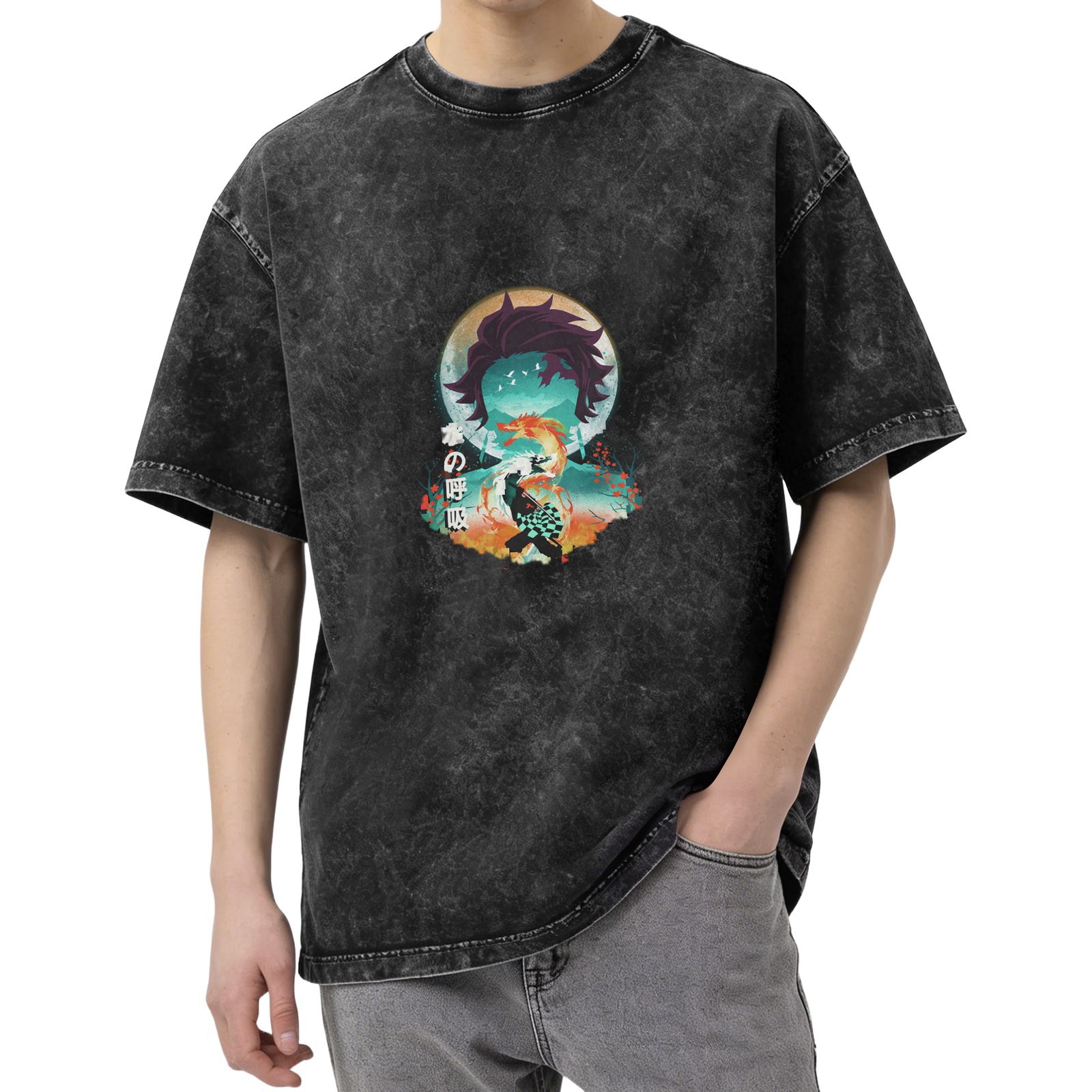Demon Slayer Tanjiro Water Breathing Anime Graphic Oversized Acid Wash T-Shirt
