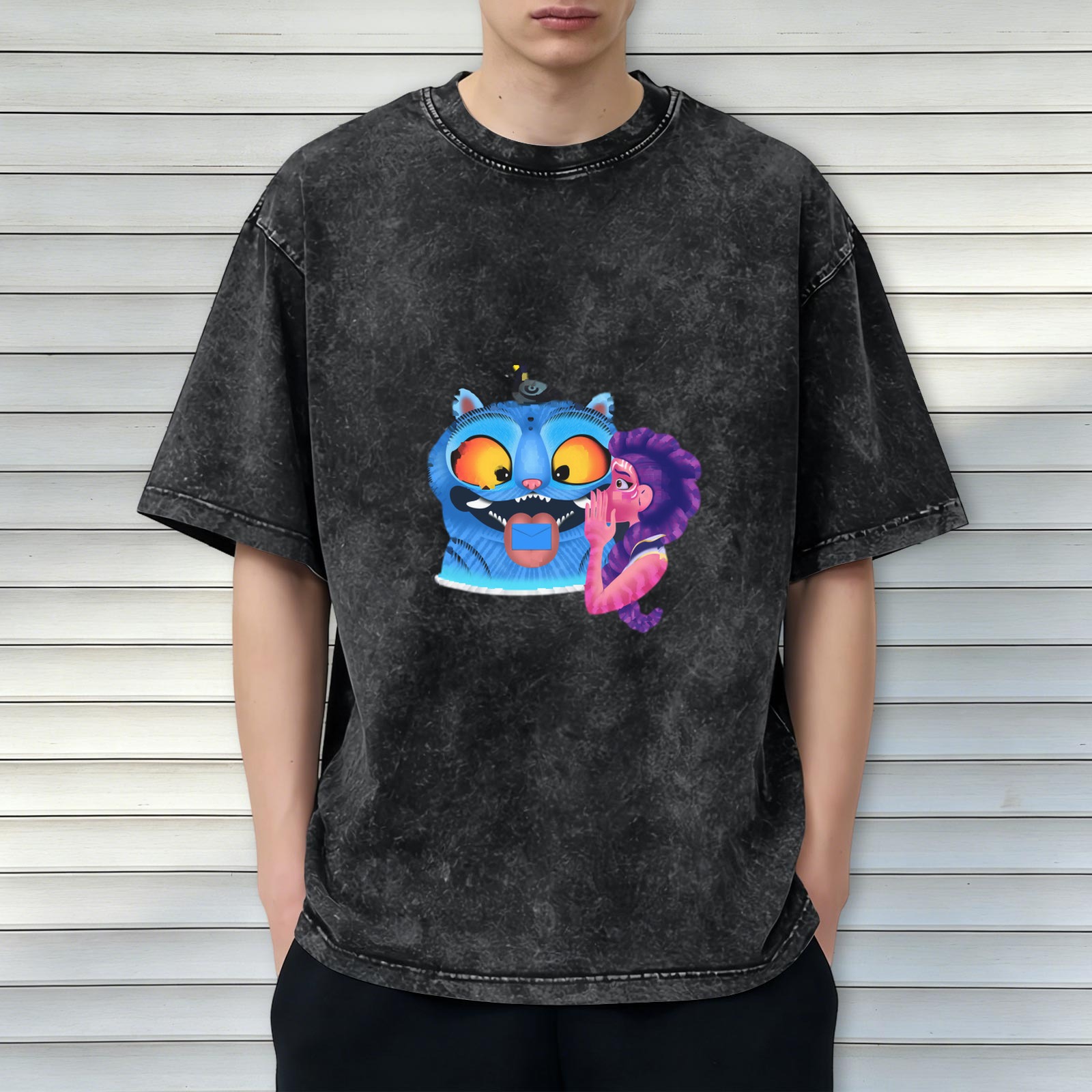 Oversized Dark Wash T-Shirt With Whispering Purple Haired Girl And Blue Cat Graphic