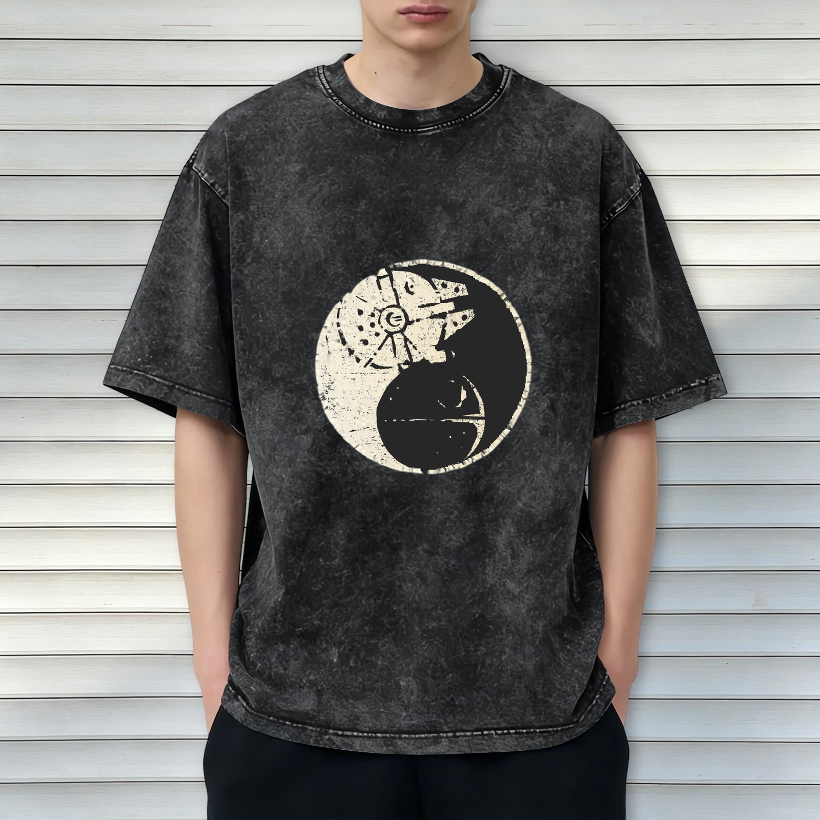 Star Wars Yin Yang Graphic Acid Wash T-Shirt, Oversized Short Sleeve Crew Neck Tee, Casual Streetwear Top