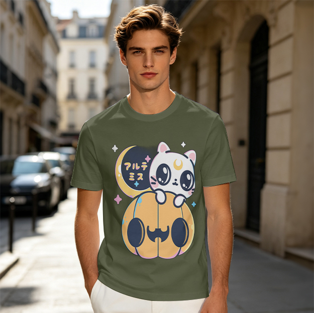 Cute white cat on jack-o'-lantern Halloween graphic tee