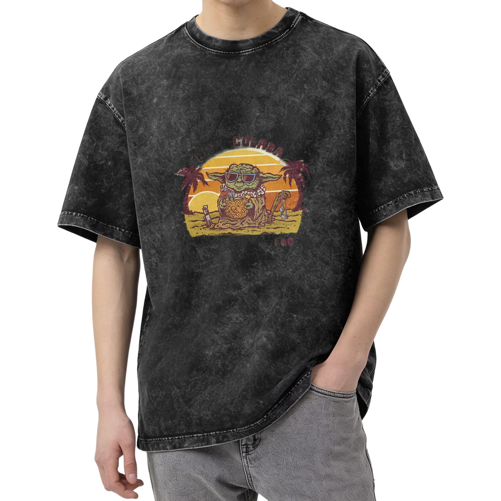 Washed black t-shirt with tropical Yoda sunset graphic