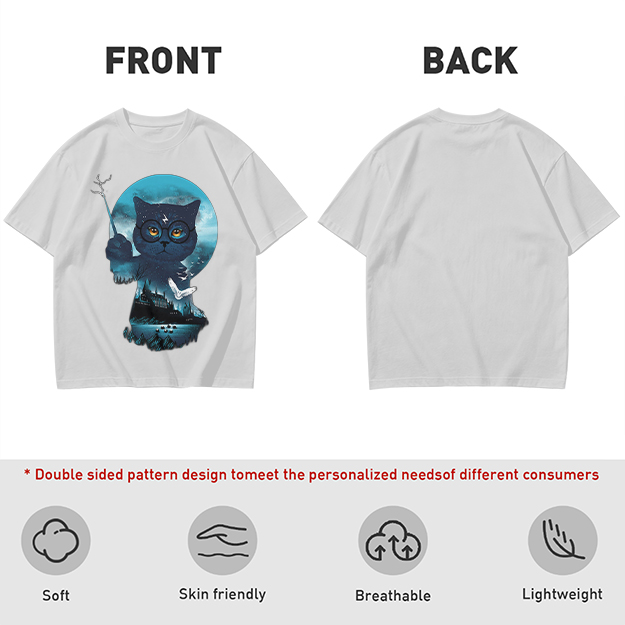 Olive T-shirt with Harry Potter themed wizard cat graphic