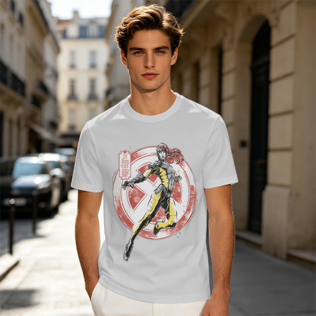 Olive T-shirt with X-Men style superhero graphic print