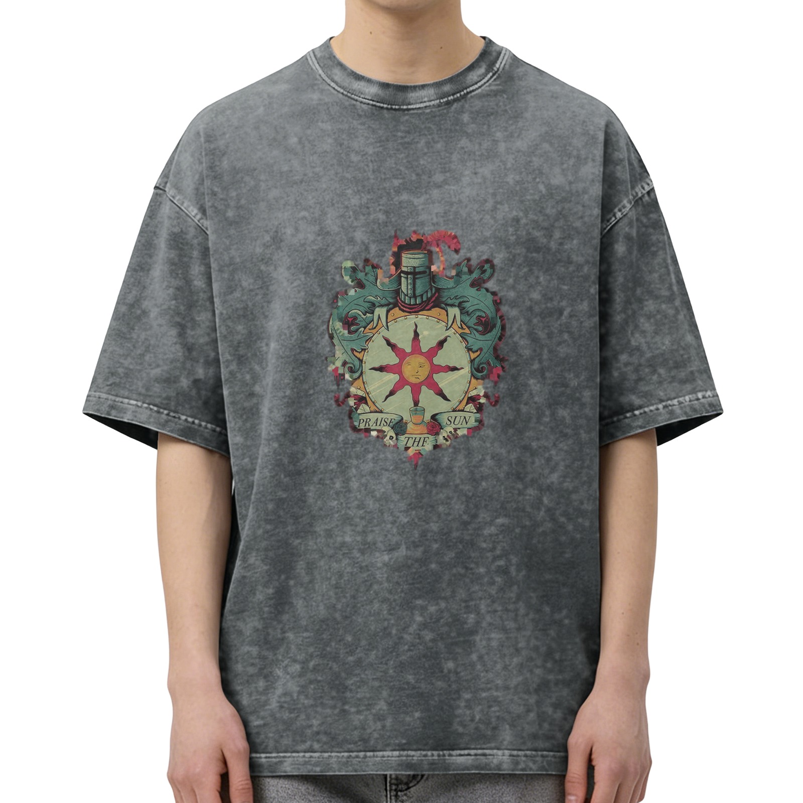 Dark Souls Praise The Sun Solaire Acid Wash Oversized T-Shirt