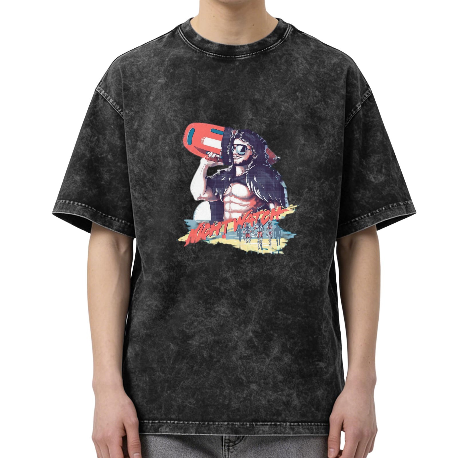 Oversized Acid Wash T-Shirt with Retro Night Watch Graphic Print